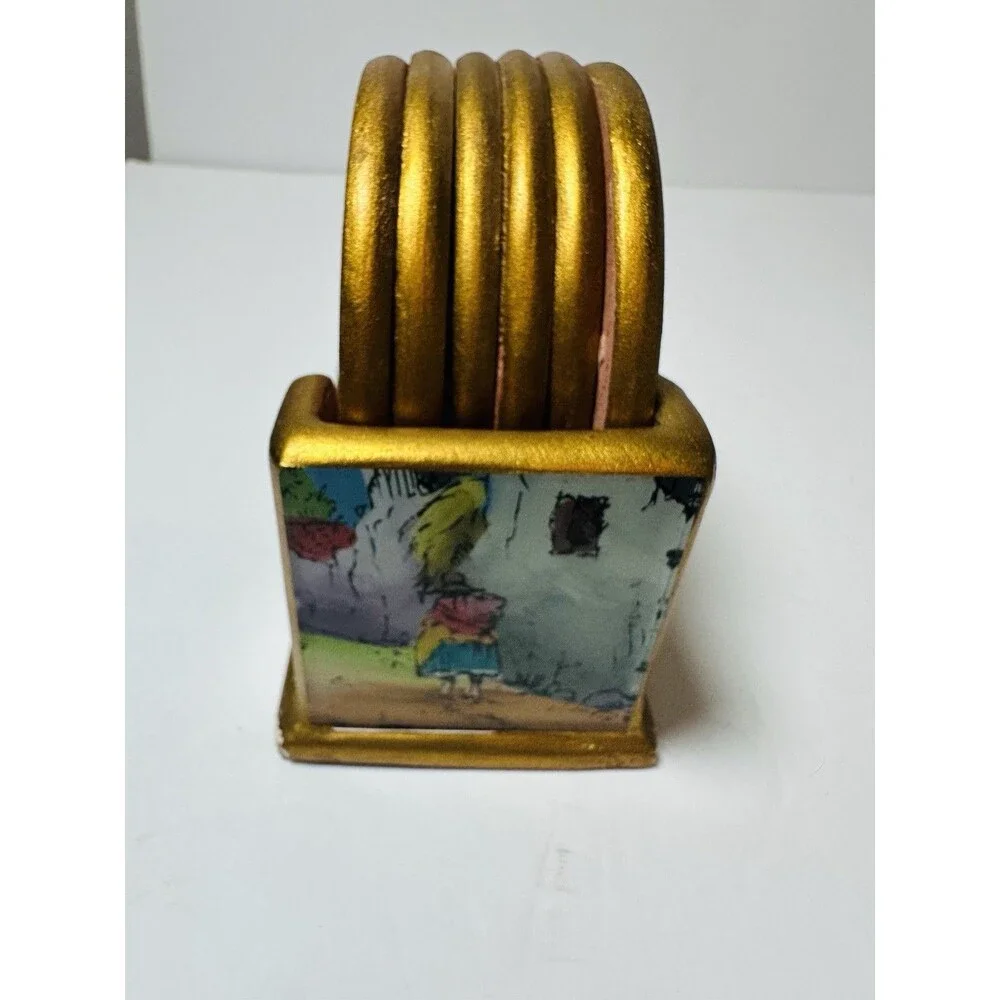 Peru Reverse Painted Glass & Wood Coasters Village Folk Art  Set of 6 w/ Holder